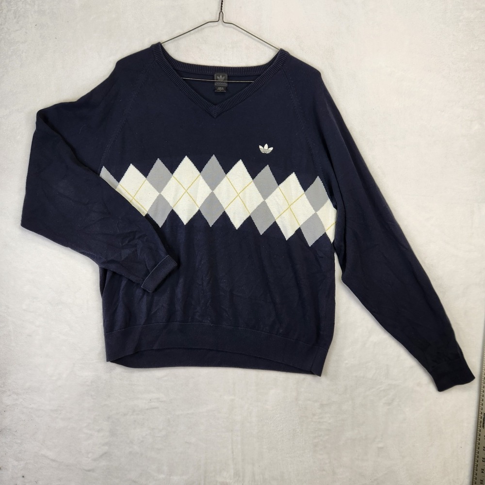 Vintage Adidas Argyle Knit Sweater Mens XL Navy Blue V-Neck‎ Trefoil 80s 90s